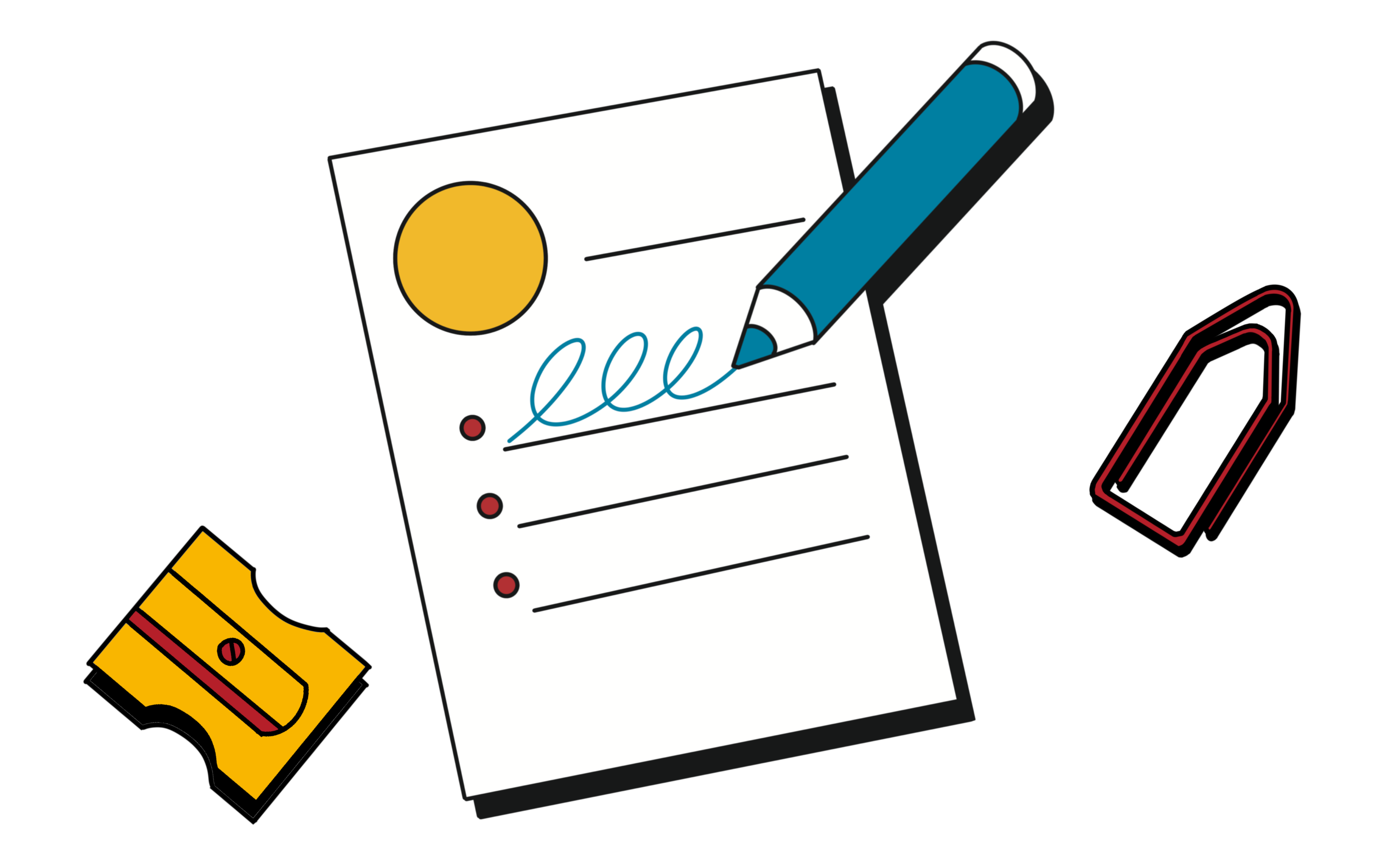 Die Grafik Anmeldung zeigt ein Blatt mit Linien und kreisen, einen Stift, eine Büroklammer und einen Anspitzer.