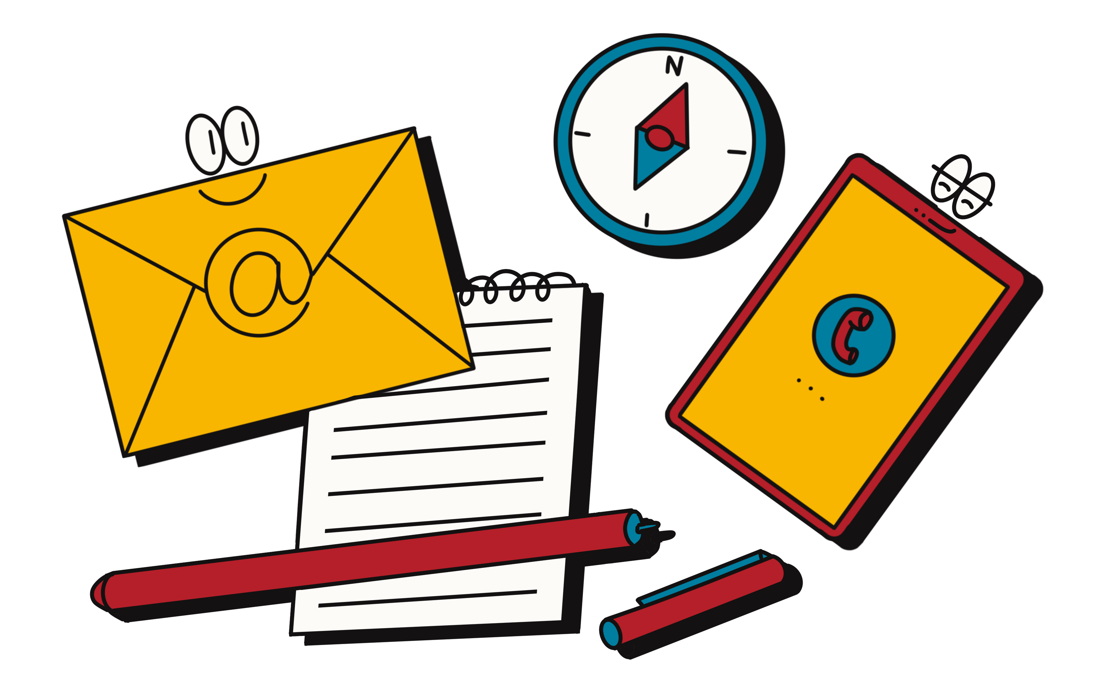 the graphic Contact shows various elements on the subject of contact, such as envelope, compass, writing pad, pen and telephone.