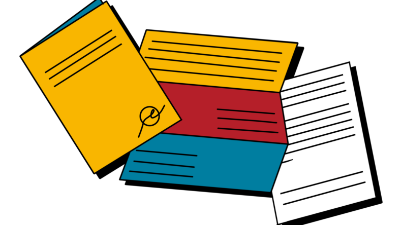 Die Grafik Material zeigt mehrere bunte Faltblätter und Zettel.