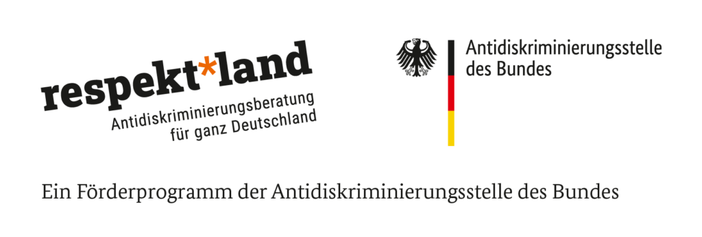 Förderlogo: respektland, Antidiskreminierungsberatung für ganz Deutschland, ein Förderprogramm der Antidiskriminierungsstelle des Bundes.